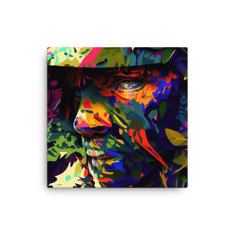 This colourful canvas print features a vibrant, fade-resistant camouflage military design, perfect for adding flair to any room or office. It's sure to catch the eye of military décor enthusiasts.