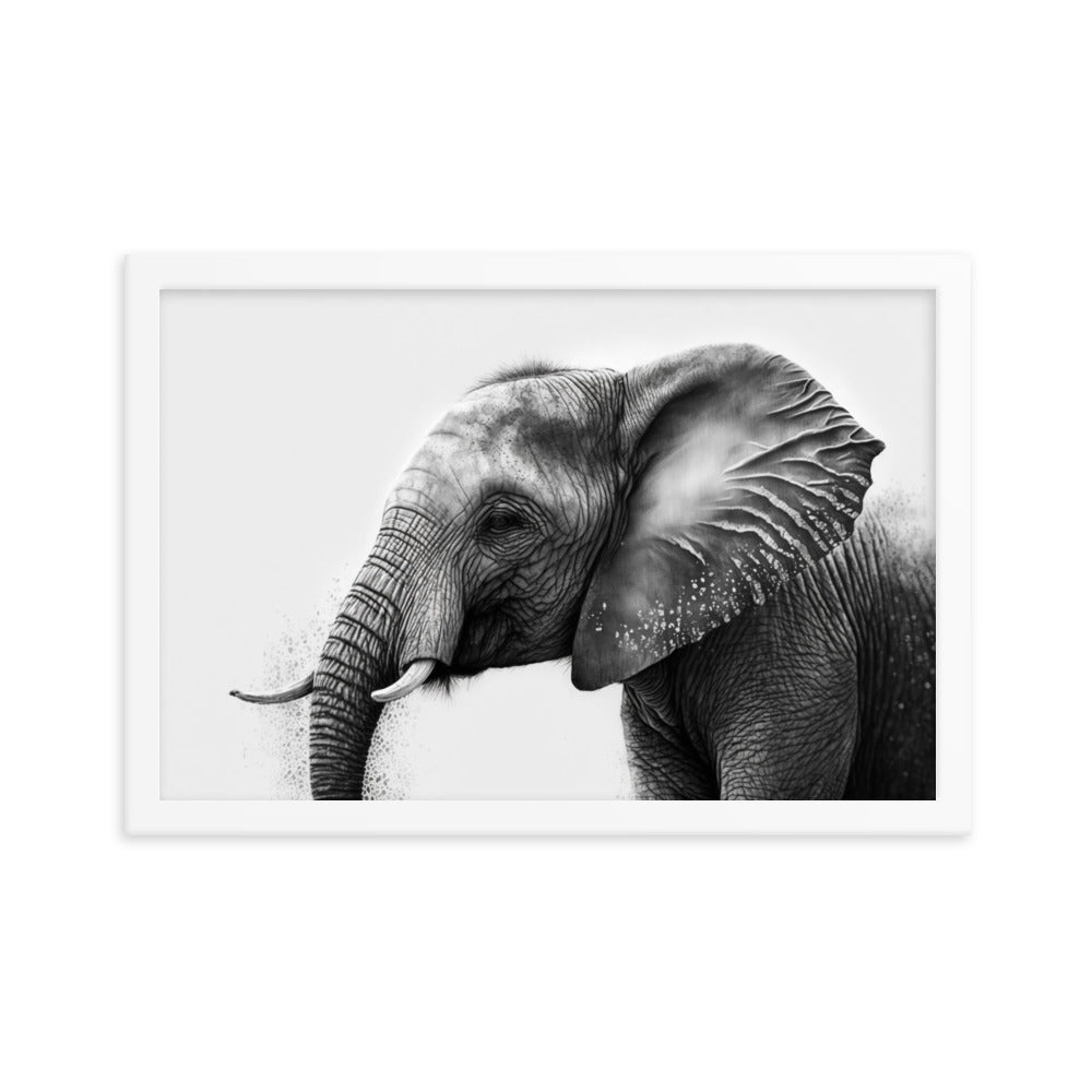 White framed printed poster of Elephant