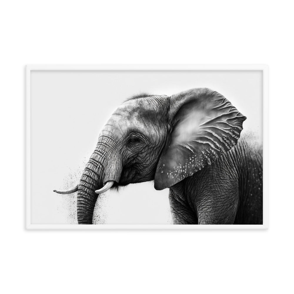 White framed printed poster of Elephant